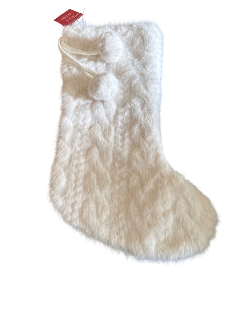 Faux Fur White Christmas Stocking With Pom Poms & Cable Knit Design